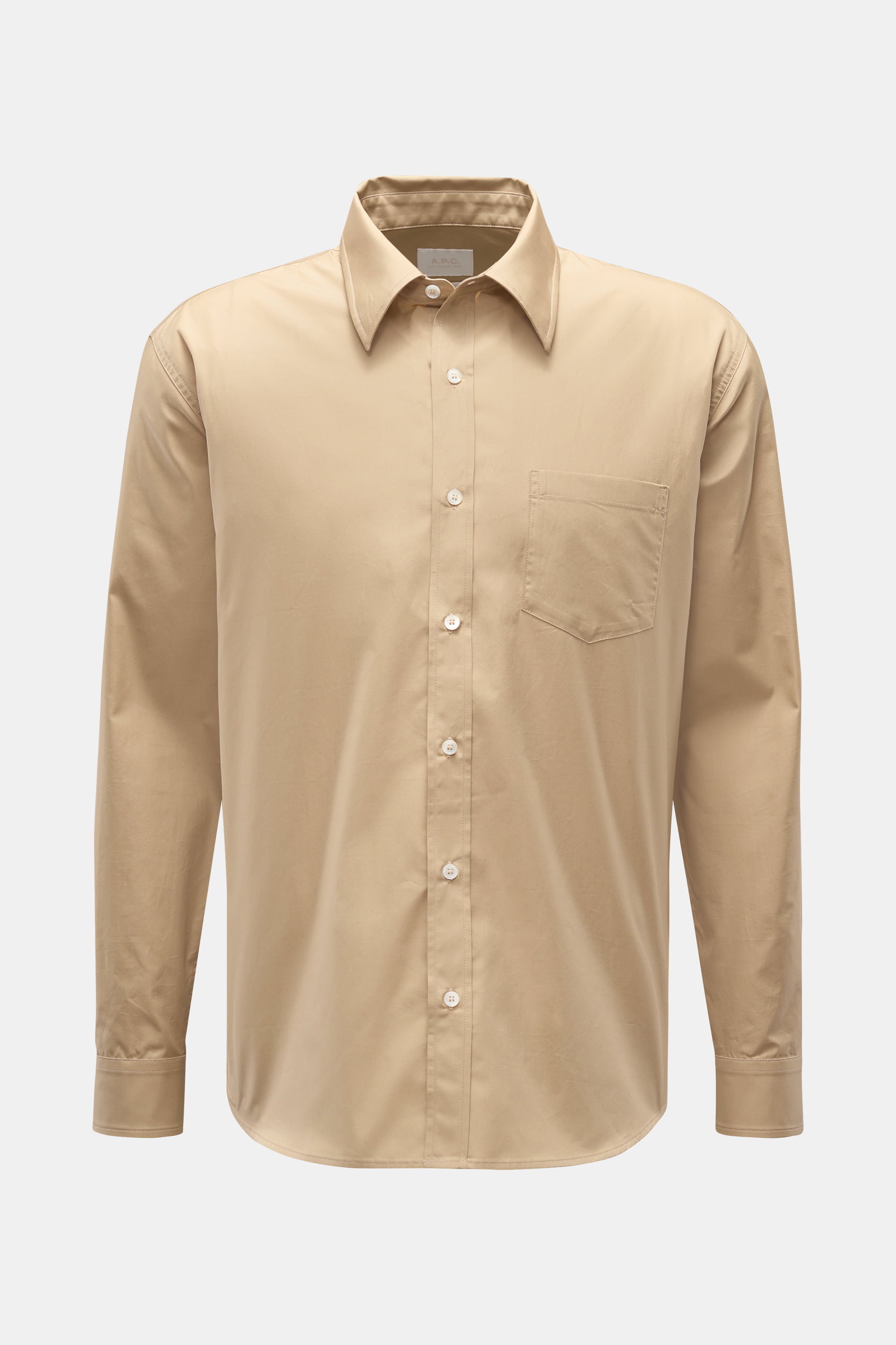 A.P.C. Casual Hemd Kent-Kragen sand, frontale Ansicht, reine Baumwolle, Oversized Fit, Kent-Kragen, aufgesetzte Knopfleiste, Brusttasche, Sportmanschette, leicht gerundeter Saum.