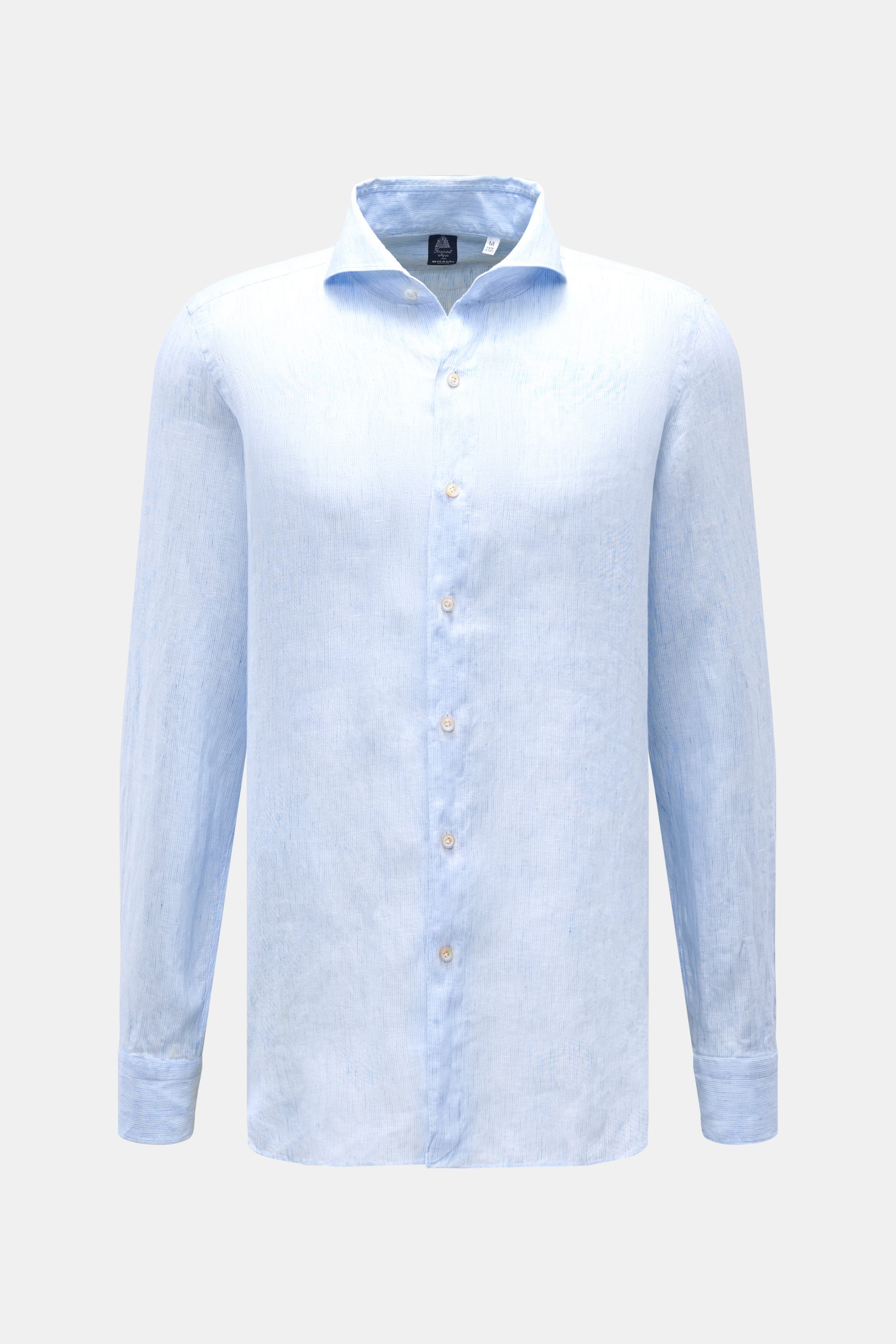 Finamore Leinenhemd 'Sergio Gaeta' Haifisch-Kragen blau/weiß gestreift, frontale Aufnahme, reines Leinen, weicher Griff, Regular Fit, französische Knopfleiste, Sportmanschette, gerundeter Saum.