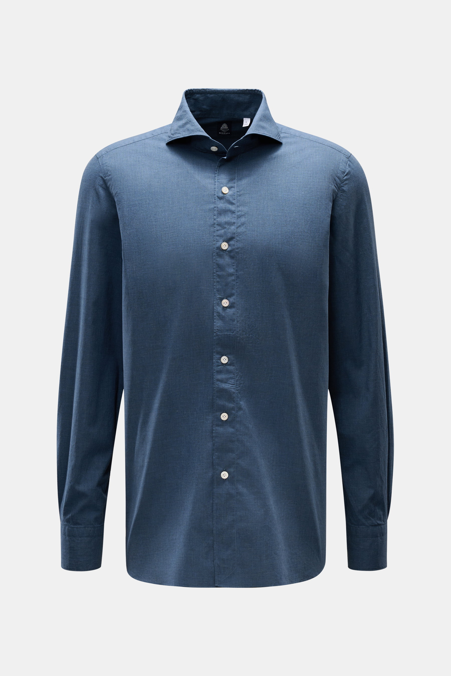 Finamore Casual Hemd 'Sergio Gaeta' Haifisch-Kragen navy, frontale Nahaufnahme, Regular Fit, reine Baumwolle, Leinwandbindung, weicher Griff, französische Knopfleiste, Sportmanschette, schmale Rückenpasse, gerundeter Saum.