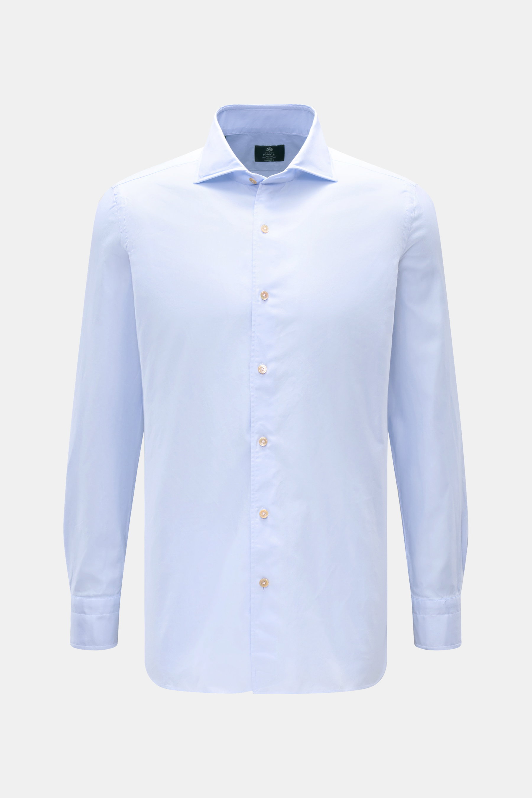 Borrelli Oxford Hemd 'Ettore' Haifisch-Kragen hellblau, Extra Slim Fit, reine Baumwolle, französische Knopfleiste, Sportmanschette, frontale Ansicht.