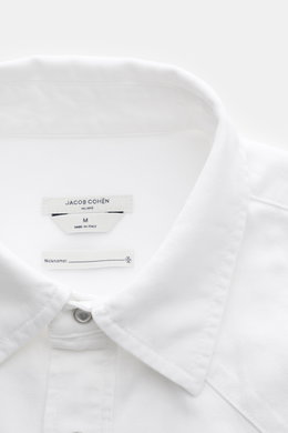 Jacob Cohen Jeanshemd schmaler Kragen offwhite, Nahaufnahme von oben, Denim aus Baumwolle, Leinen, Lyocell, Western-Stil, Slim Fit, Druckknopfleiste.