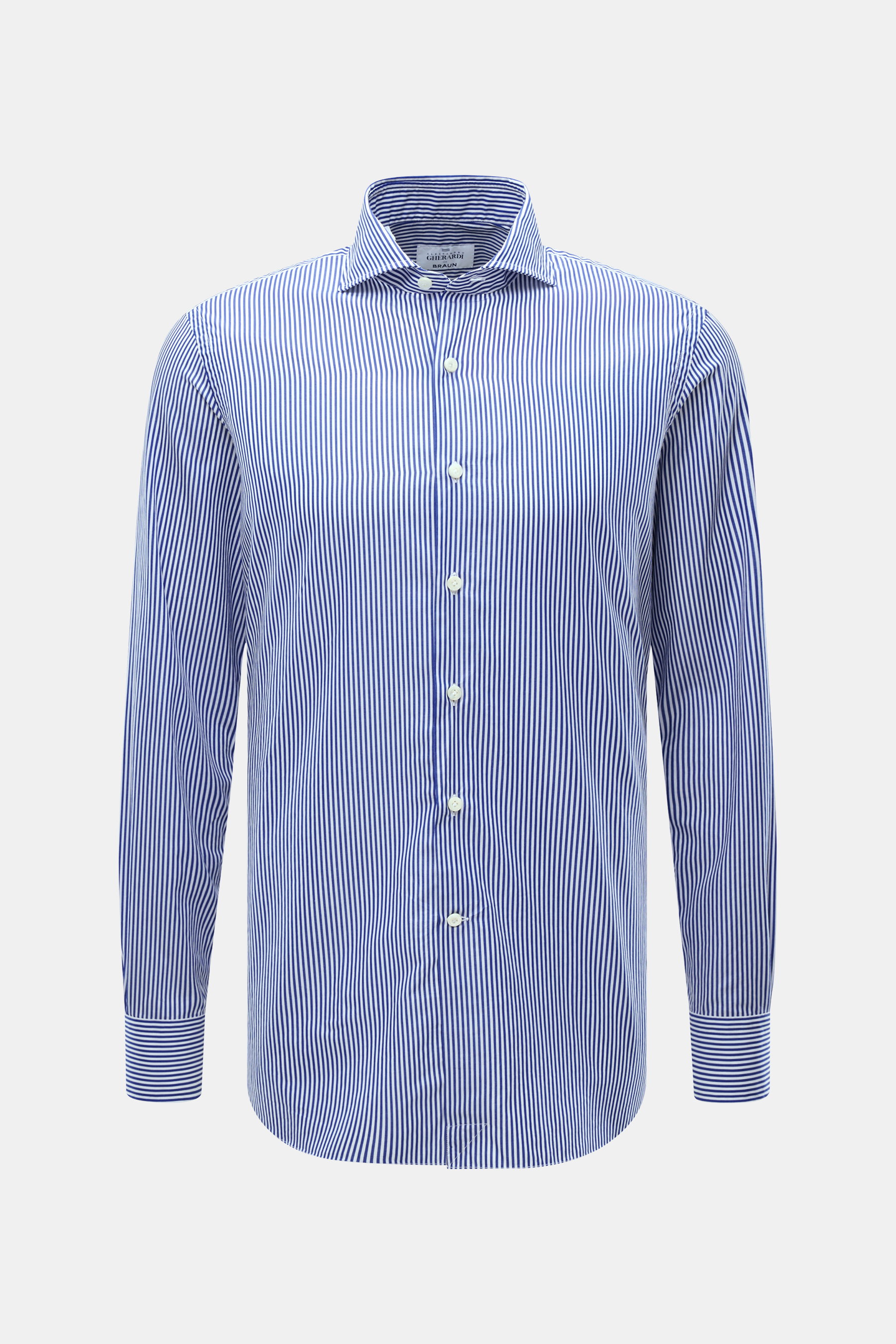 Gherardi Casual Hemd Haifisch-Kragen dunkelblau/weiß gestreift, Slim Fit, Popeline Baumwolle, Haifischkragen, französische Knopfleiste, Frontansicht.
