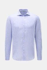 Front view of von Braun Linen shirt shark collar blue/white striped, pure linen with fine stripes, regular fit, French button placket, classic barrel cuffs, and rounded hem. Effortlessly lightweight: This VON BRAUN shirt in pure linen has an airy feel and