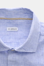 von Braun Linen shirt shark collar blue/white striped shown from above, highlighting pure linen fabric, fine stripes, shark collar, and label. Effortlessly lightweight: This VON BRAUN shirt in pure linen has an airy feel and a relaxed look – a stylish com