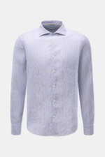 Front view of von Braun Linen shirt shark collar navy/white striped, pure linen with fine stripes, shark collar, French button placket, barrel cuffs, rounded hem, and airy lightweight fabric.

Description: <p><span class="_fadeIn_m1hgl_8">Effortlessly </s