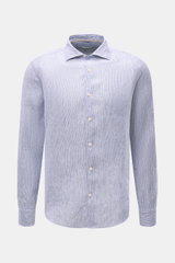 Front view of von Braun Linen shirt shark collar navy/white striped, pure linen with fine stripes, shark collar, French button placket, barrel cuffs, rounded hem, and airy lightweight fabric.

Description: <p><span class="_fadeIn_m1hgl_8">Effortlessly </s