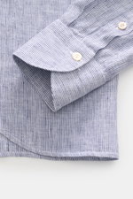 Close-up front view of von Braun Linen shirt shark collar navy/white striped showing fine striped pattern, French button placket, classic barrel cuffs, and rounded hem. Effortlessly lightweight: This VON BRAUN shirt in pure linen has an airy feel and a re