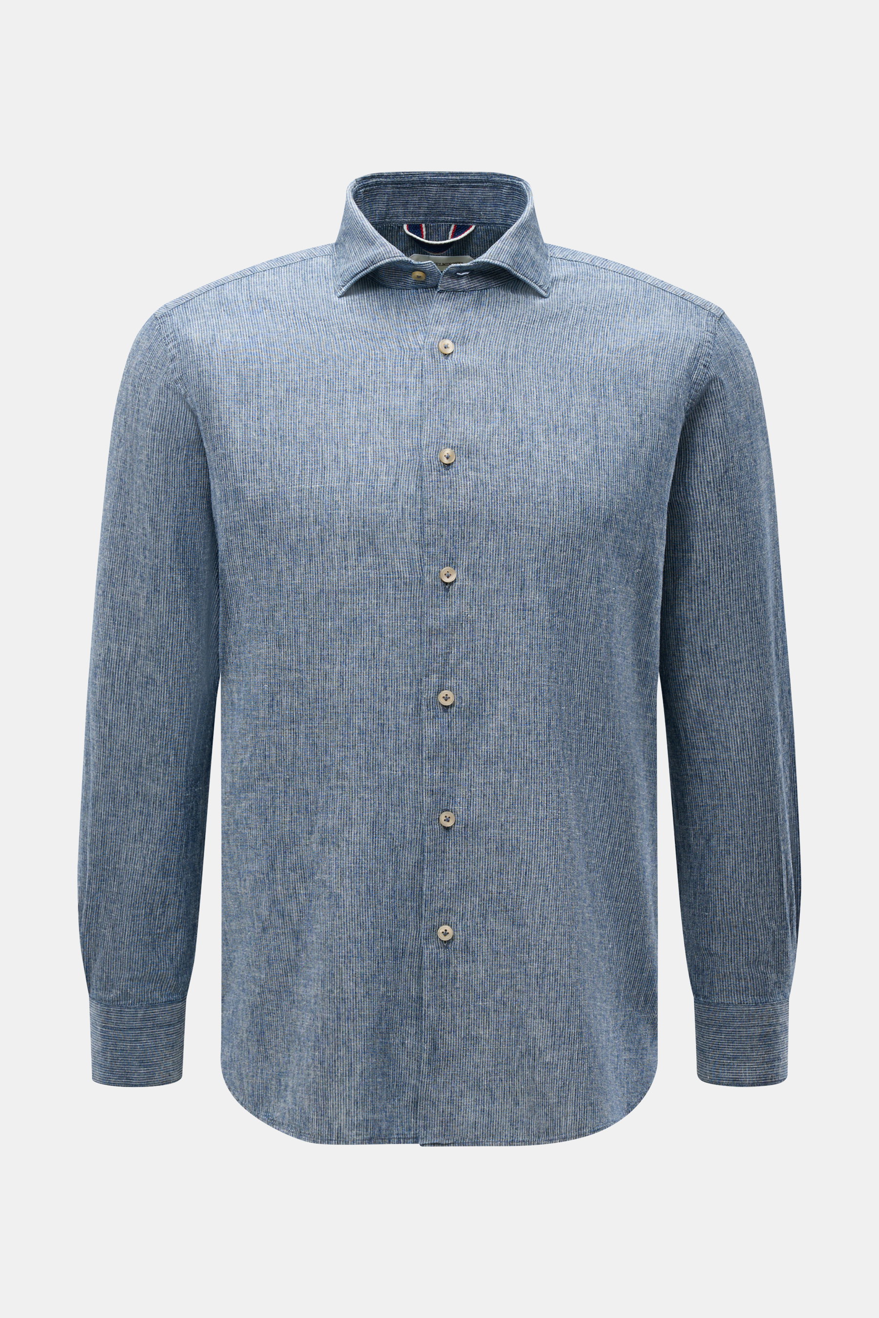 Guglielminotti Casual Hemd Haifisch-Kragen navy gestreift, frontal fotografiert, Leinen-Baumwoll-Mix, Slim Fit, Perlmuttknöpfe, Sportmanschette.