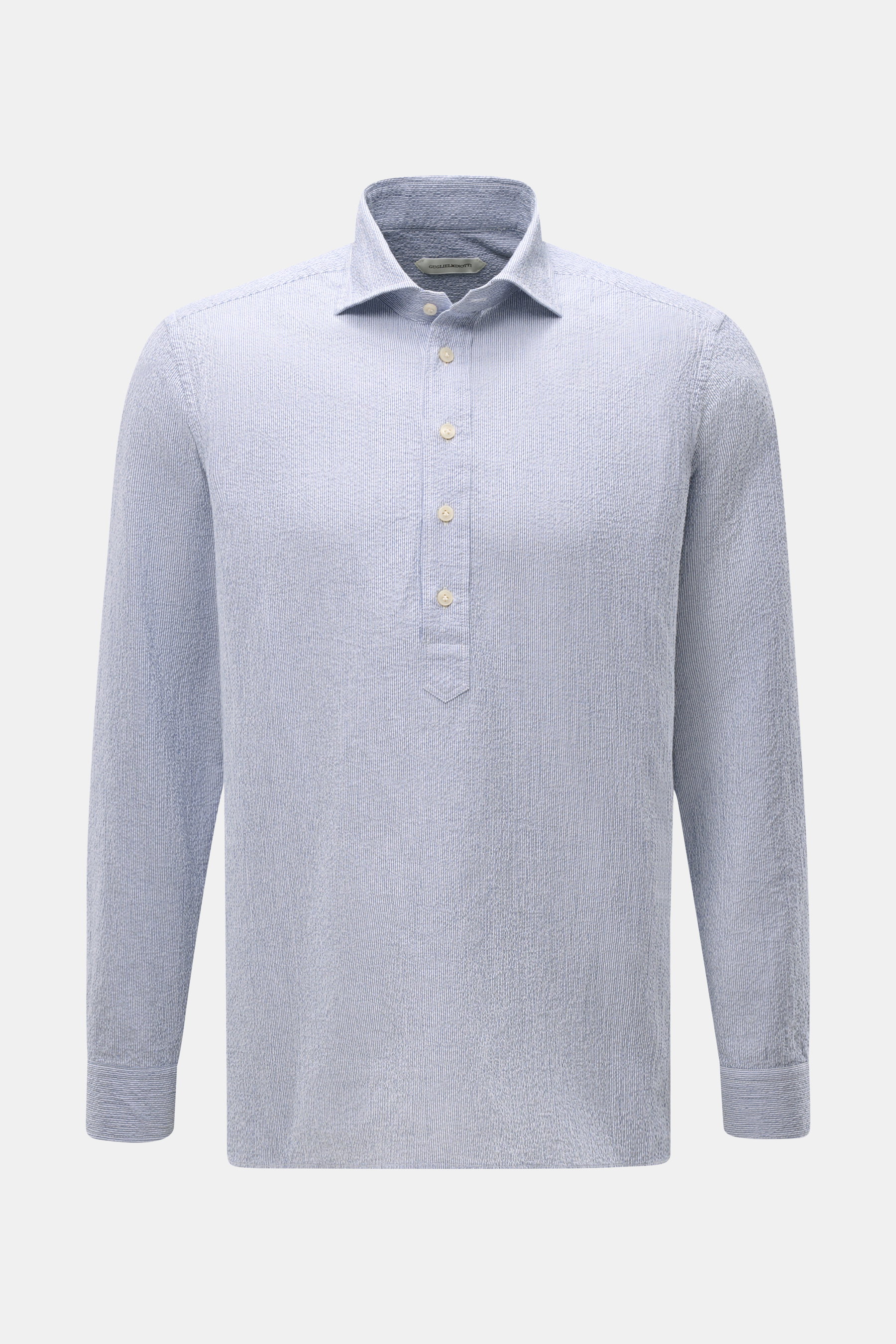 Guglielminotti Seersucker Popover-Hemd Haifisch-Kragen blau/weiß gestreift, Slim Fit, elastische Baumwolle, frontale Nahaufnahme.