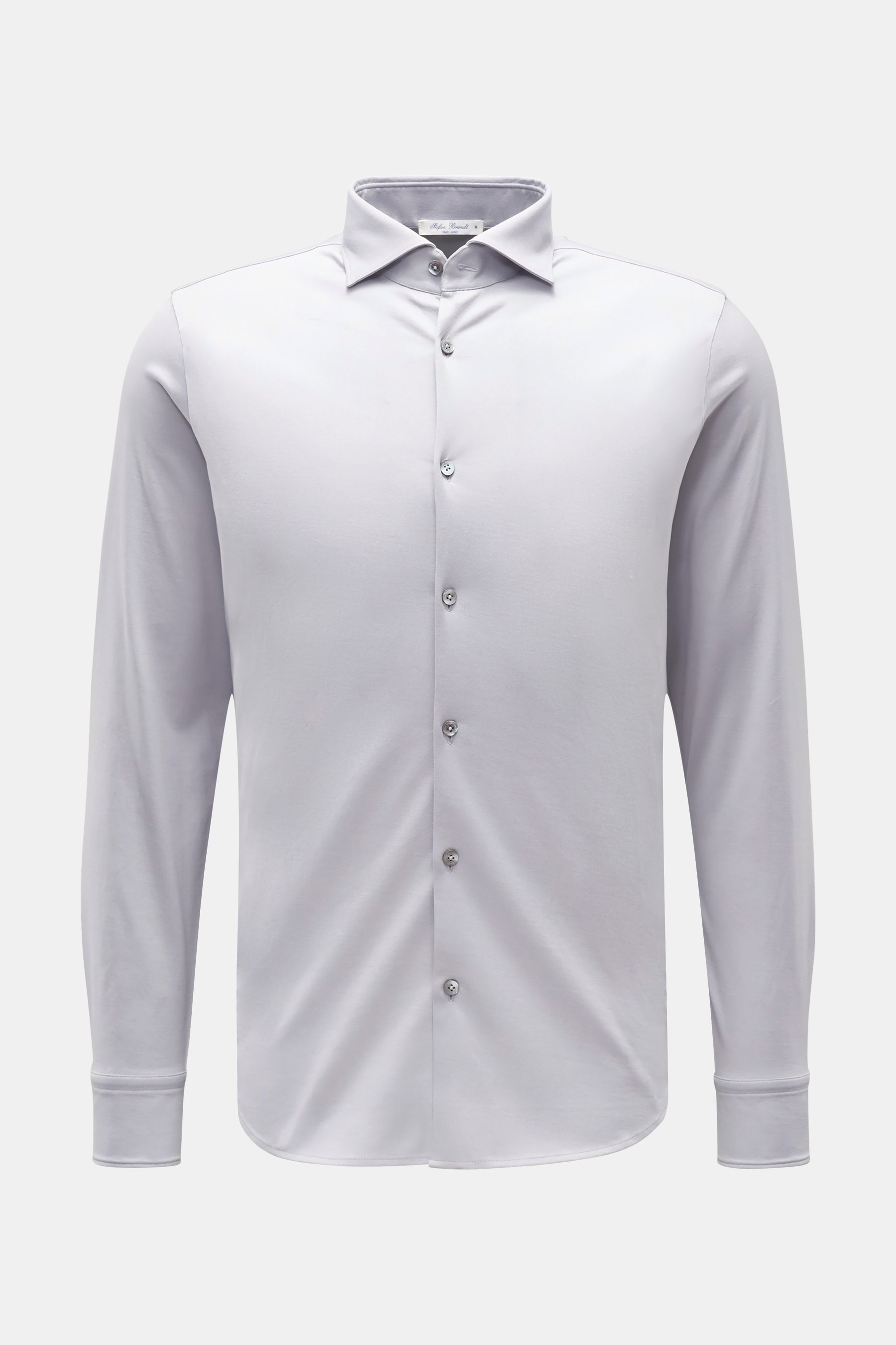 Front view of Stefan Brandt Jersey-Hemd 'Otis' Haifisch-Kragen hellgrau, a light grey slim fit shirt in soft pure Pima cotton jersey. Flexibler, geschmeidiger Jersey aus reiner Pima-Baumwolle lässt das cleane Casual Hemd 'Otis' von STEFAN BRANDT zum komfo