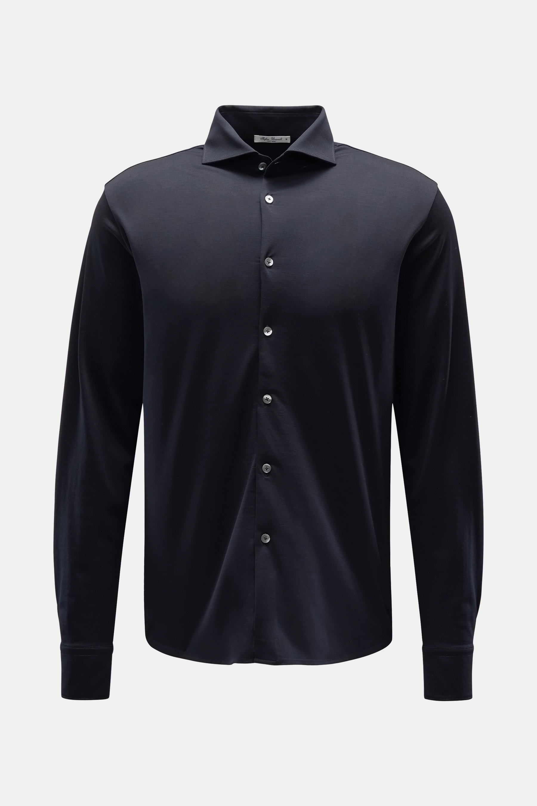 Front view of Stefan Brandt Jersey-Hemd 'Otis' Haifisch-Kragen navy, a flexible, smooth Pima cotton jersey shirt with extra slim fit, shark collar, French button placket, classic sport cuffs, and rounded hem. 

Description: <p>Flexibler, geschmeidiger Jer