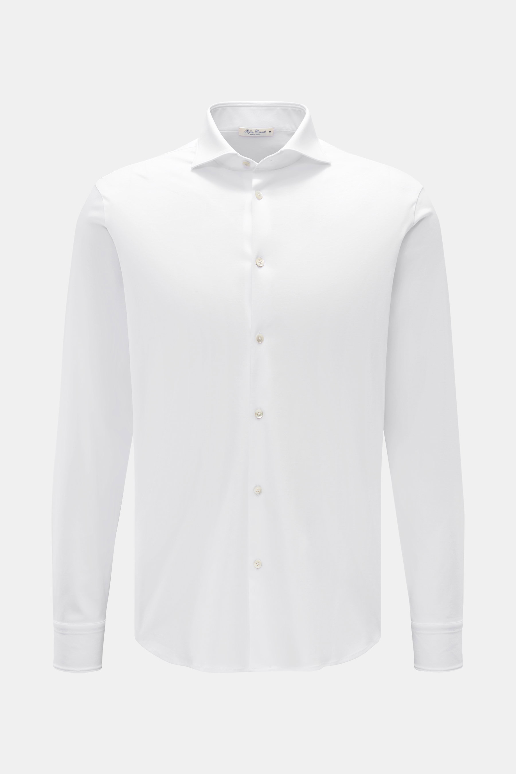 Front view of Stefan Brandt Jersey-Hemd 'Otis' Haifisch-Kragen weiß, a slim fit white casual shirt made from soft, smooth pure Pima cotton jersey with a shark collar, French button placket with mother-of-pearl buttons, classic sport cuffs, and rounded hem