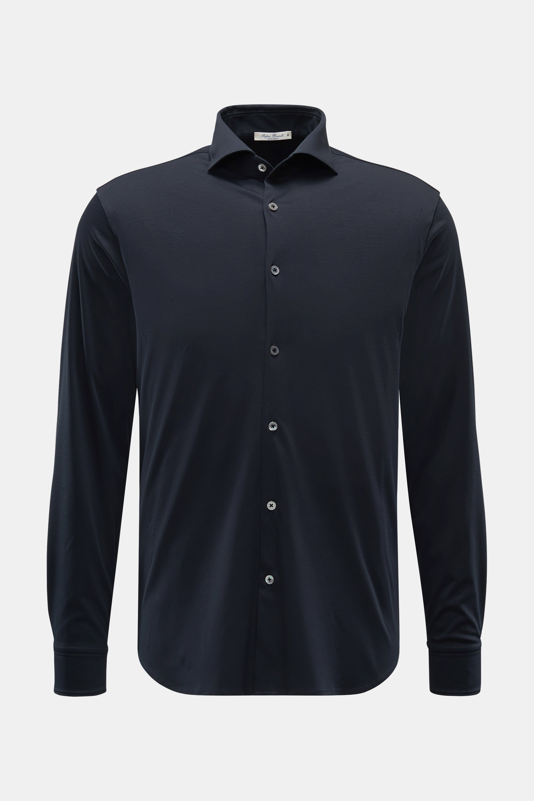 Front view of Stefan Brandt Jersey-Hemd 'Otis' Haifisch-Kragen navy, a slim fit, clean casual shirt made of flexible, smooth pure Pima cotton jersey with a shark collar, French button placket with mother-of-pearl buttons, classic sport cuffs, and a rounde