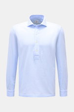 Giampaolo Seersucker Popover-Hemd Haifisch-Kragen hellblau/weiß gestreift, frontal, Baumwolle, elastisch, Regular Fit, Quetschfalte, gerader Saum.
