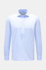 Giampaolo Seersucker Popover-Hemd Haifisch-Kragen hellblau/weiß gestreift, frontal, Baumwolle, elastisch, Regular Fit, Quetschfalte, gerader Saum.