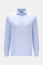 Front view of Giampaolo Popover linen shirt shark collar light blue/white striped with patch button placket, barrel cuffs, straight hem.

Description:  
<p>A classic with a twist from Italian shirt experts GIAMPAOLO: This popover shirt in airy linen fabri