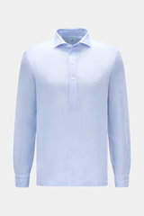 Front view of Giampaolo Popover linen shirt shark collar light blue/white striped with patch button placket, barrel cuffs, straight hem.

Description:  
<p>A classic with a twist from Italian shirt experts GIAMPAOLO: This popover shirt in airy linen fabri