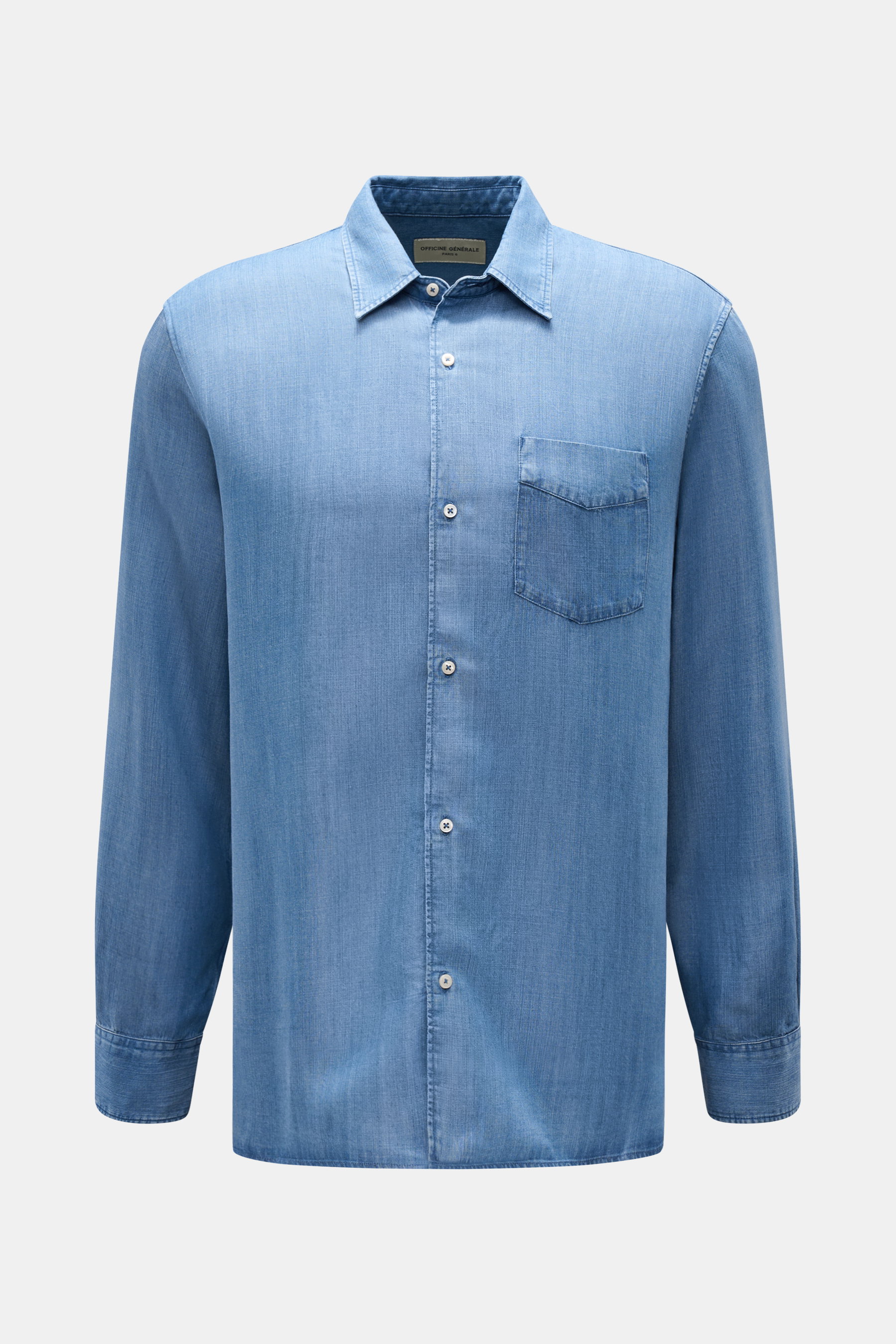 Frontansicht des Officine Générale Casual Hemd 'Guido' Kent-Kragen blau meliert, Denim-Look, Lyocell, Brusttasche, Regular Fit.