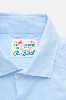 Alt tag (125 characters max):
Close-up front view of MC2 Saint Barth Linen shirt 'Pamplona' shark collar light blue with label and collar details.

Description:
<p>With this airy, lightweight shirt in pure linen, MC2 SAINT BARTH brings us a perfect piece 