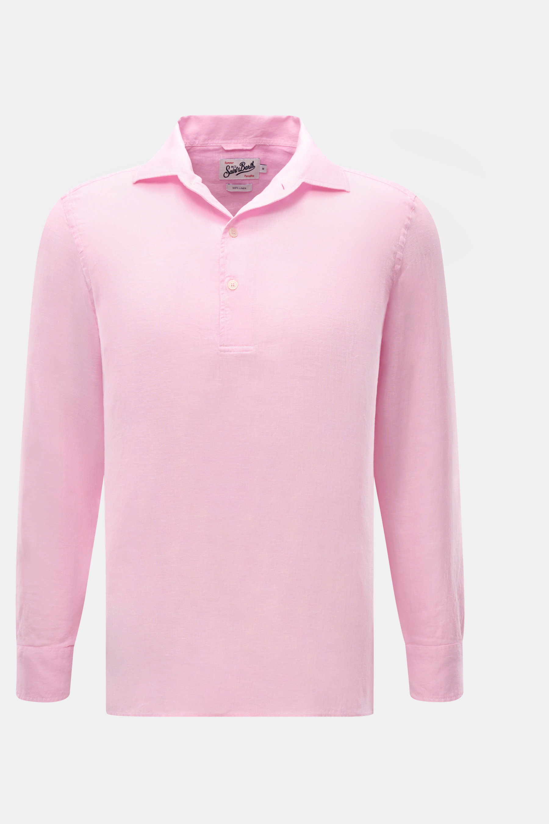 MC2 Saint Barth Popover-Leinenhemd "Raphael" Haifisch-Kragen rosé, frontale Nahaufnahme, reines Leinen, leichte Qualität, französische Knopfleiste, Sportmanschette.