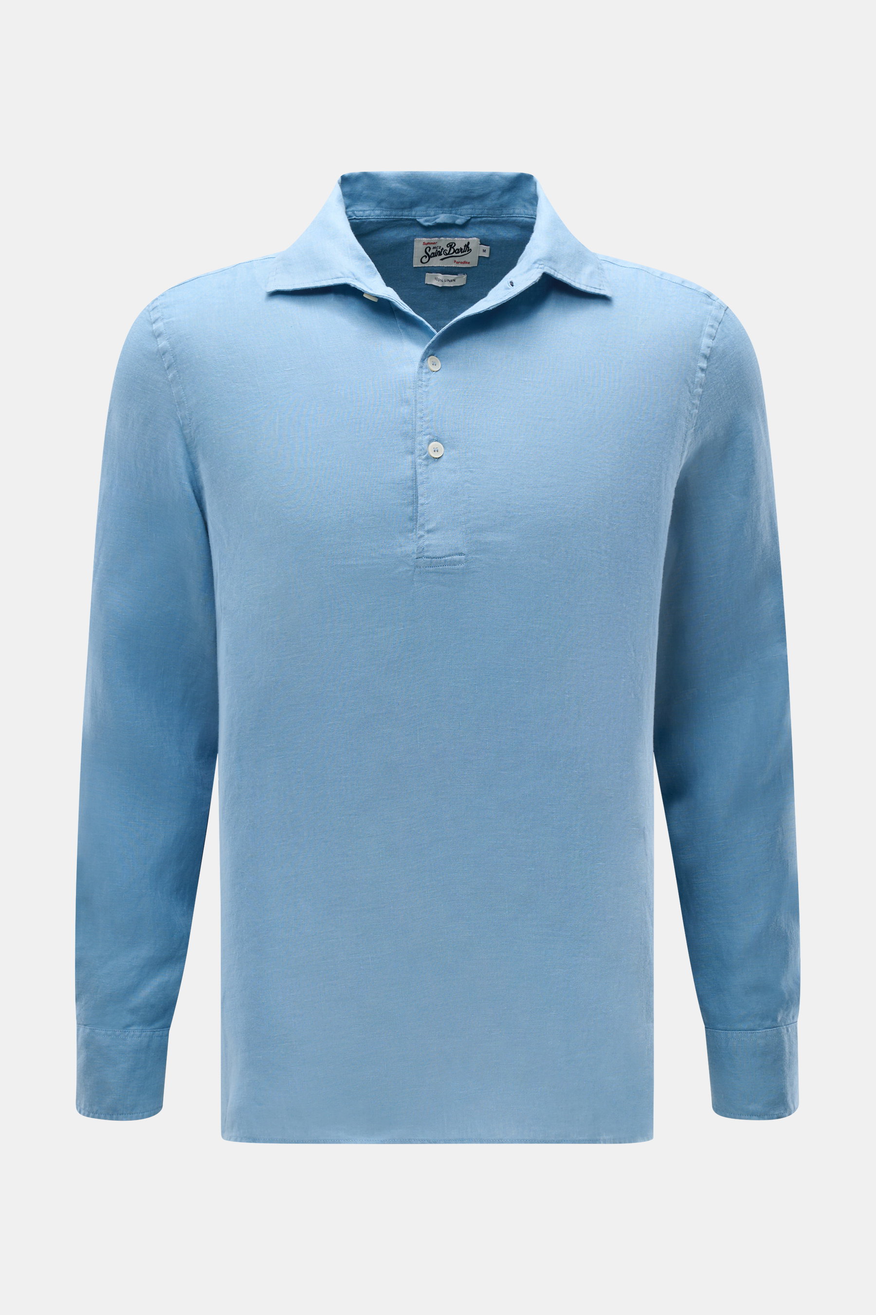 MC2 Saint Barth Popover-Leinenhemd 'Raphael' Haifisch-Kragen rauchblau, frontale Ansicht, leichtes Leinen, Regular Fit, französische Knopfleiste, klassische Manschette.