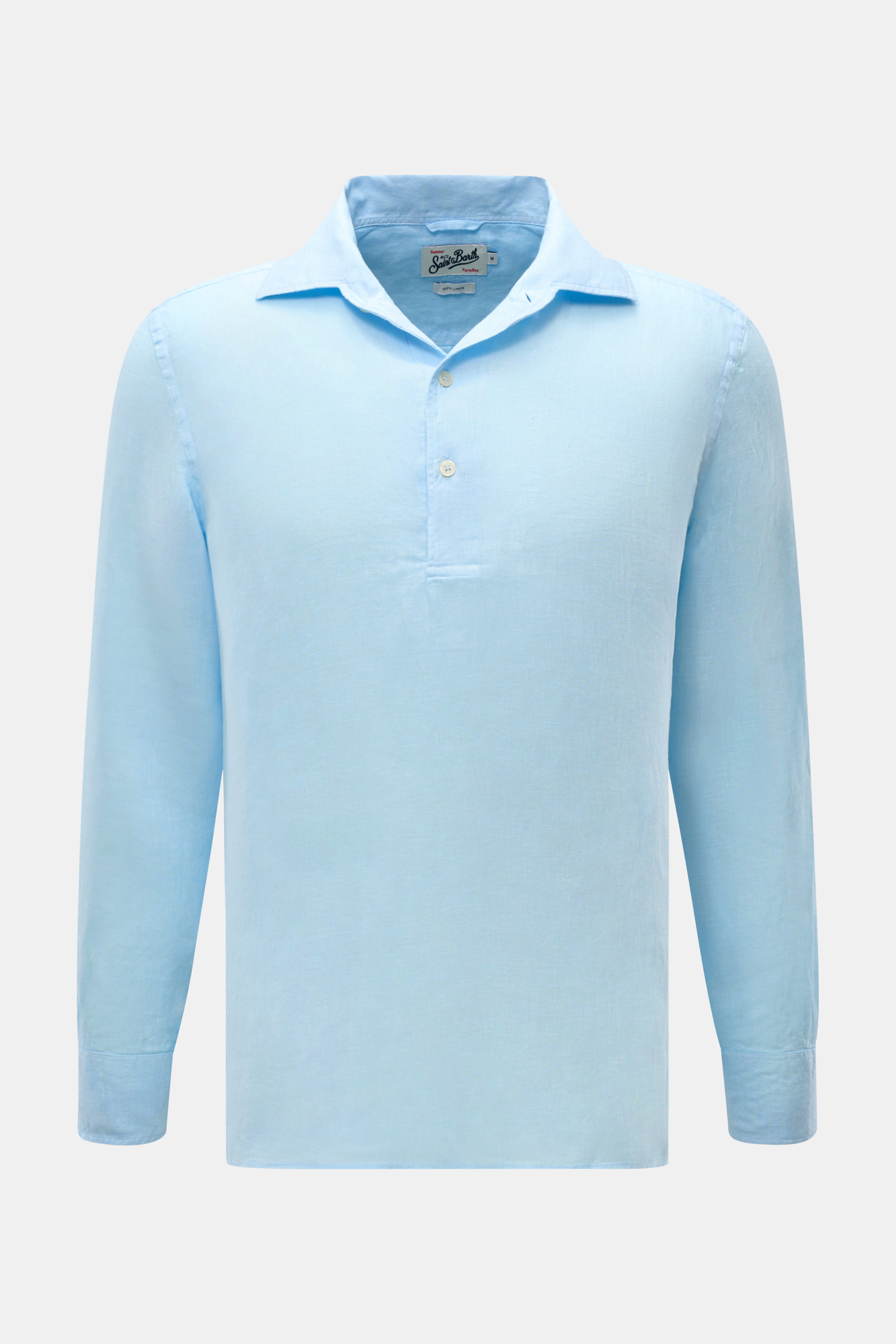 MC2 Saint Barth Popover-Leinenhemd 'Raphael' Haifisch-Kragen hellblau, frontale Nahaufnahme, reines Leinen, leichte Qualität, französische Knopfleiste.