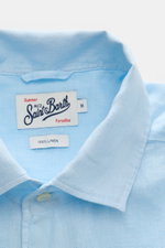 MC2 Saint Barth Popover-Leinenhemd 'Raphael' Haifisch-Kragen hellblau, Detailaufnahme von innen, reine Leinenstruktur, leichte Qualität, Resortwear Flair.