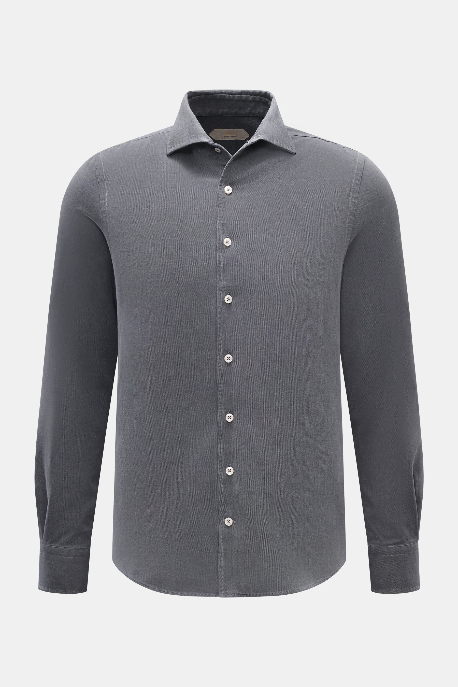 Aurélien Casual Hemd Haifisch-Kragen dunkelgrau, Slim Fit aus robustem Baumwoll-Twill, frontale Aufnahme mit klassischer Knopfleiste und Manschetten.