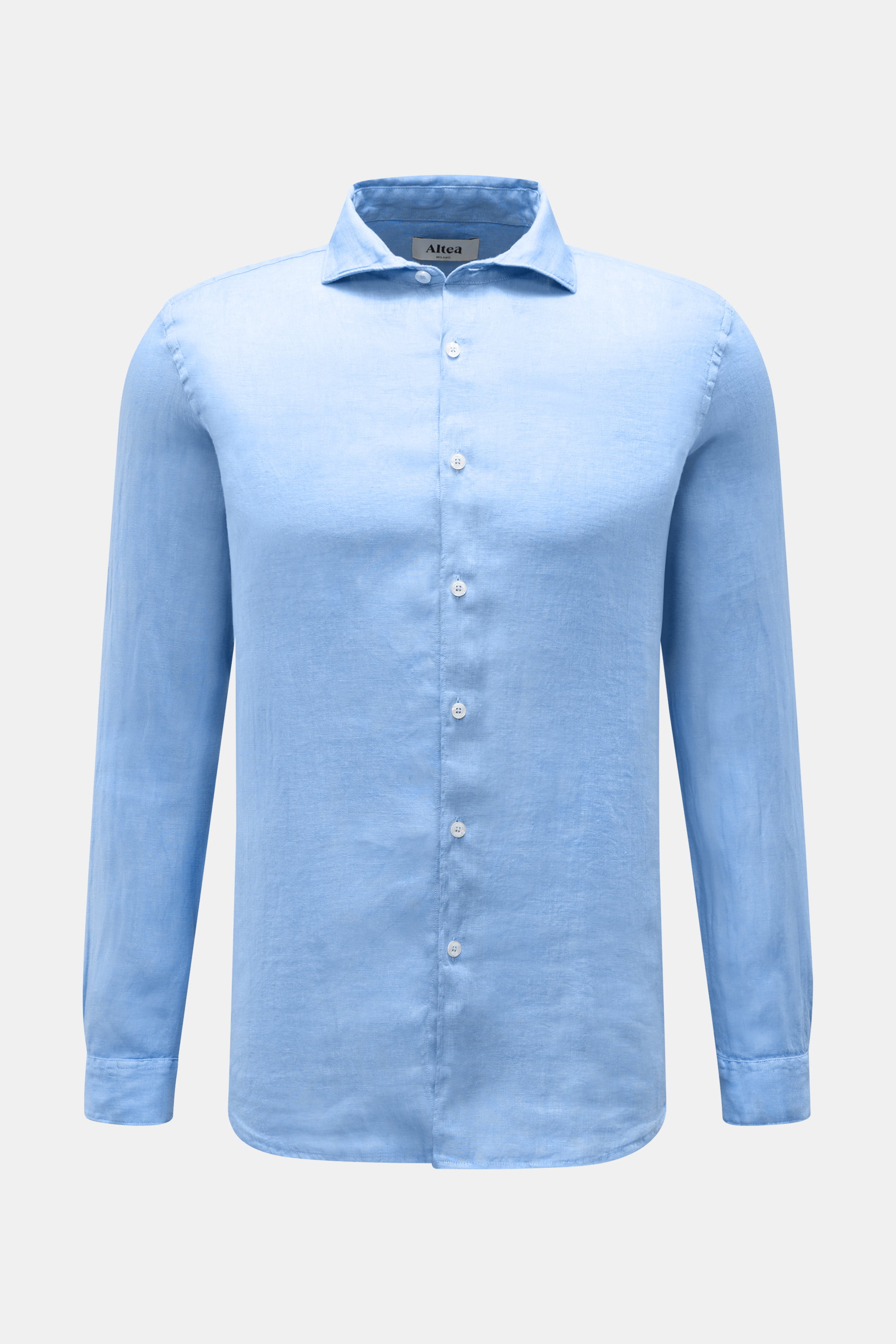 Altea Leinenhemd 'Mercer' Haifisch-Kragen blau in Slim Fit, frontale Ansicht, reine Leinen-Gaze, weicher Griff, französische Knopfleiste, gerundeter Saum.