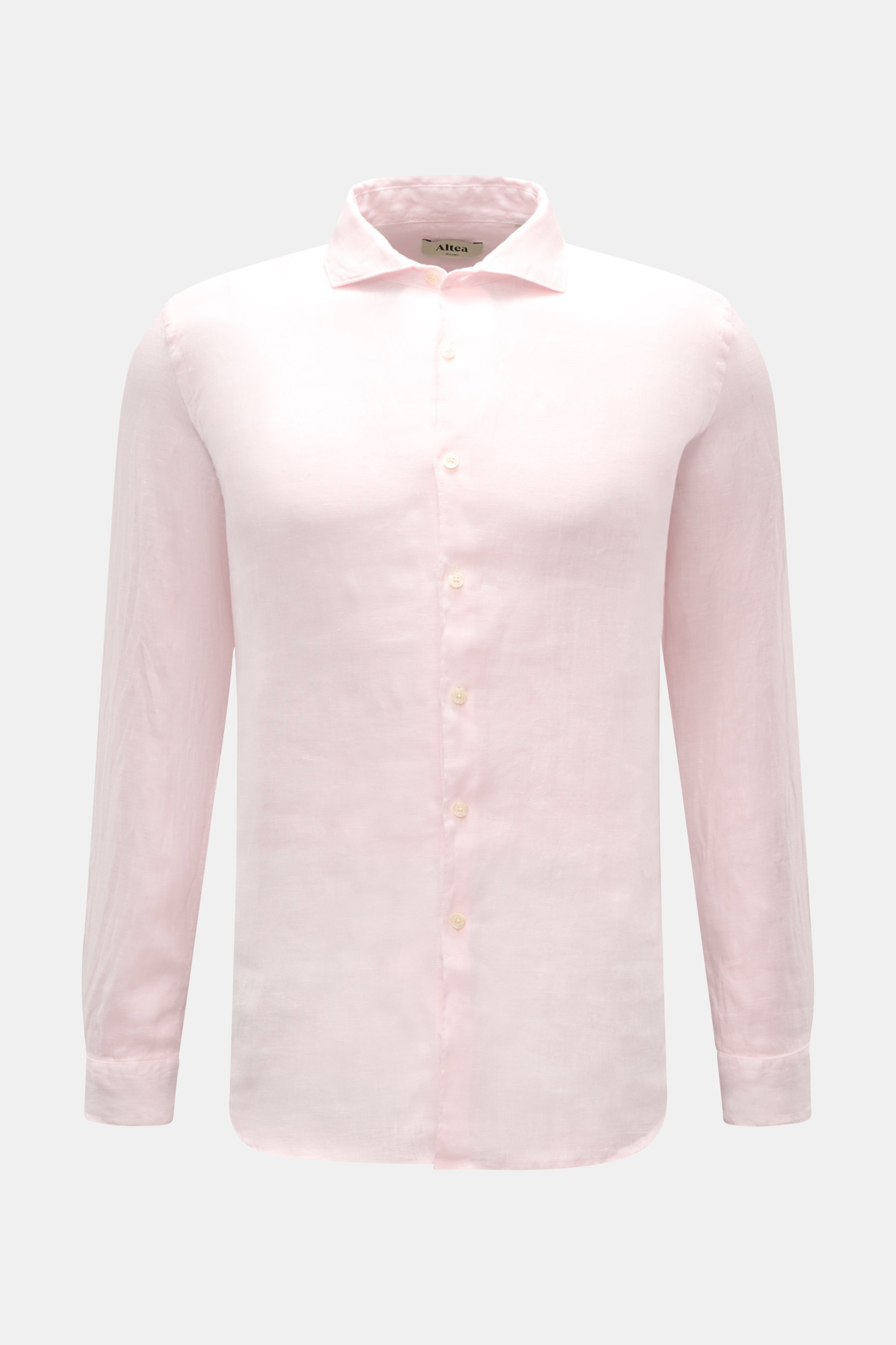 Altea Leinenhemd 'Mercer' Haifisch-Kragen rosé, frontal fotografiert, Slim Fit, reine Leinen-Gaze, weicher Griff, leichte Qualität, französische Knopfleiste, klassische Sportmanschette, Taillenabnäher, gerundeter Saum.