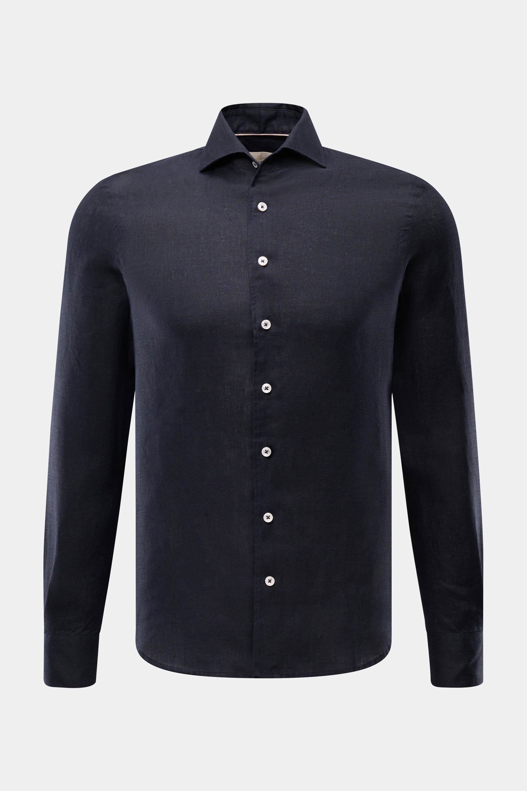 Aurélien Leinenhemd Haifisch-Kragen dark navy, frontale Nahaufnahme, reines Leinen, Slim Fit, weicher Griff, französische Knopfleiste, Sportmanschette, gerundeter Saum.