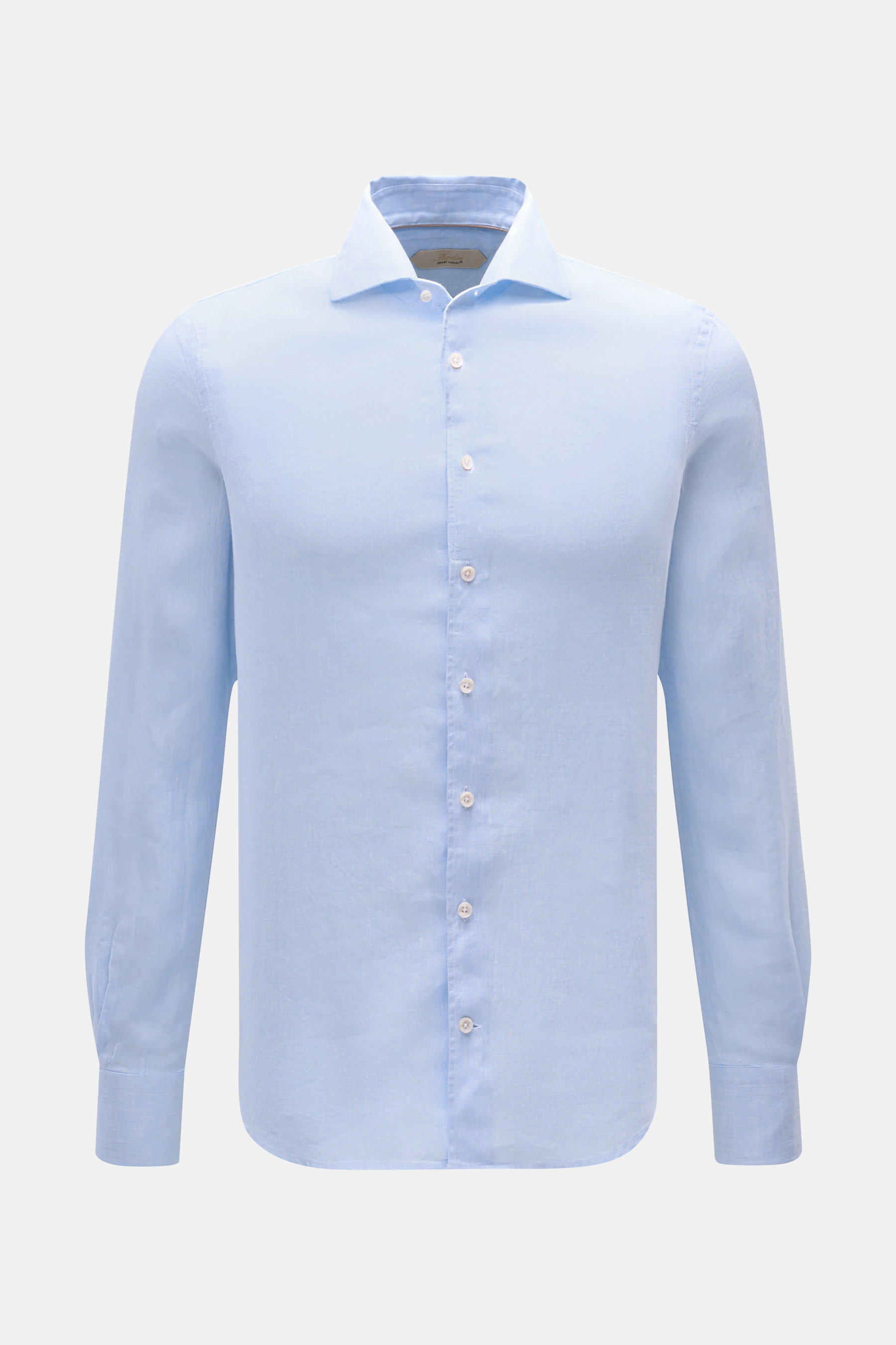 Aurélien Leinenhemd Haifisch-Kragen hellblau, Slim Fit, reines Leinen, weicher Griff, französische Knopfleiste, Sportmanschette, frontal fotografiert.