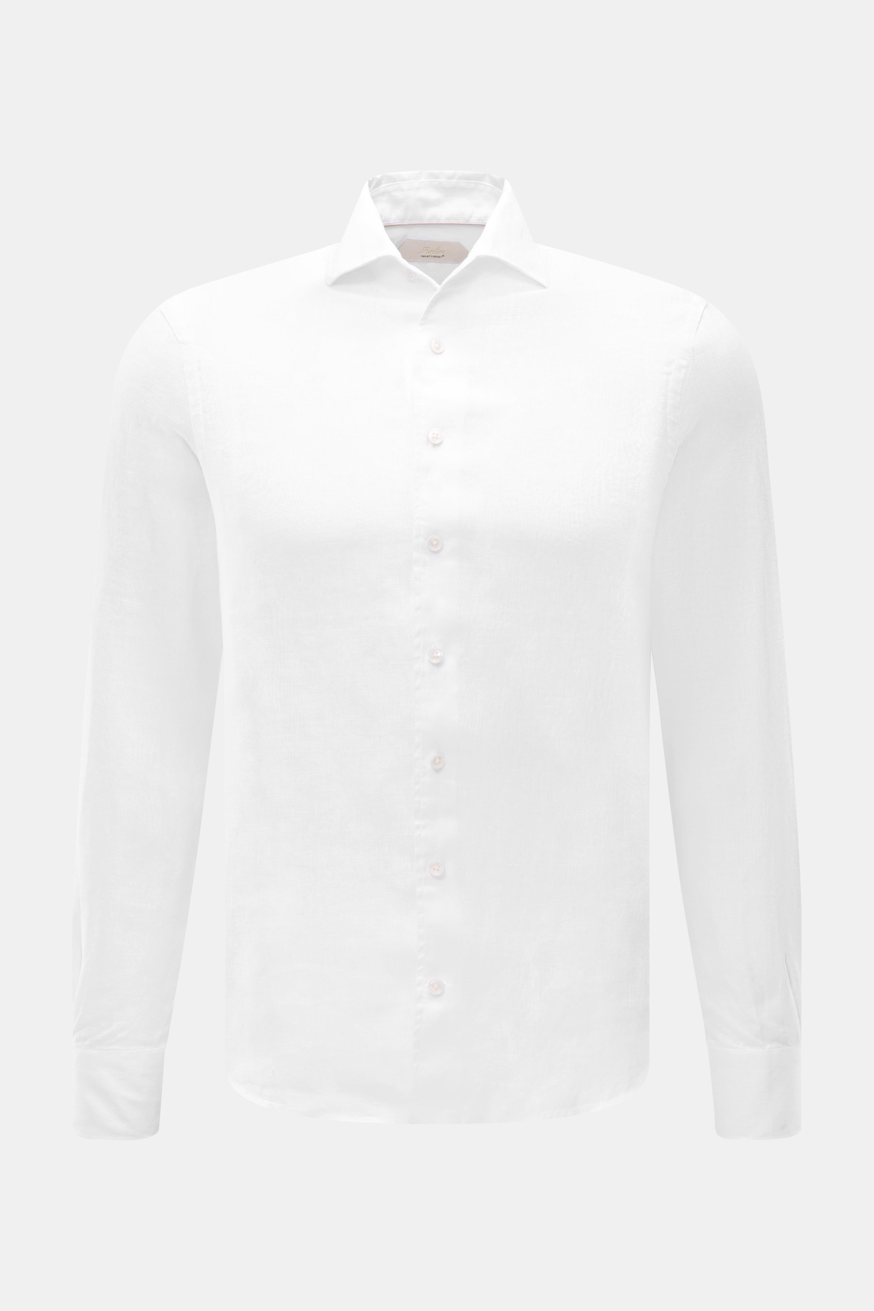Aurélien Leinenhemd Haifisch-Kragen weiß, Slim Fit, reines Leinen, weicher Griff, französische Knopfleiste, Sportmanschette, Taillenabnäher, gerundeter Saum, frontal fotografiert.
