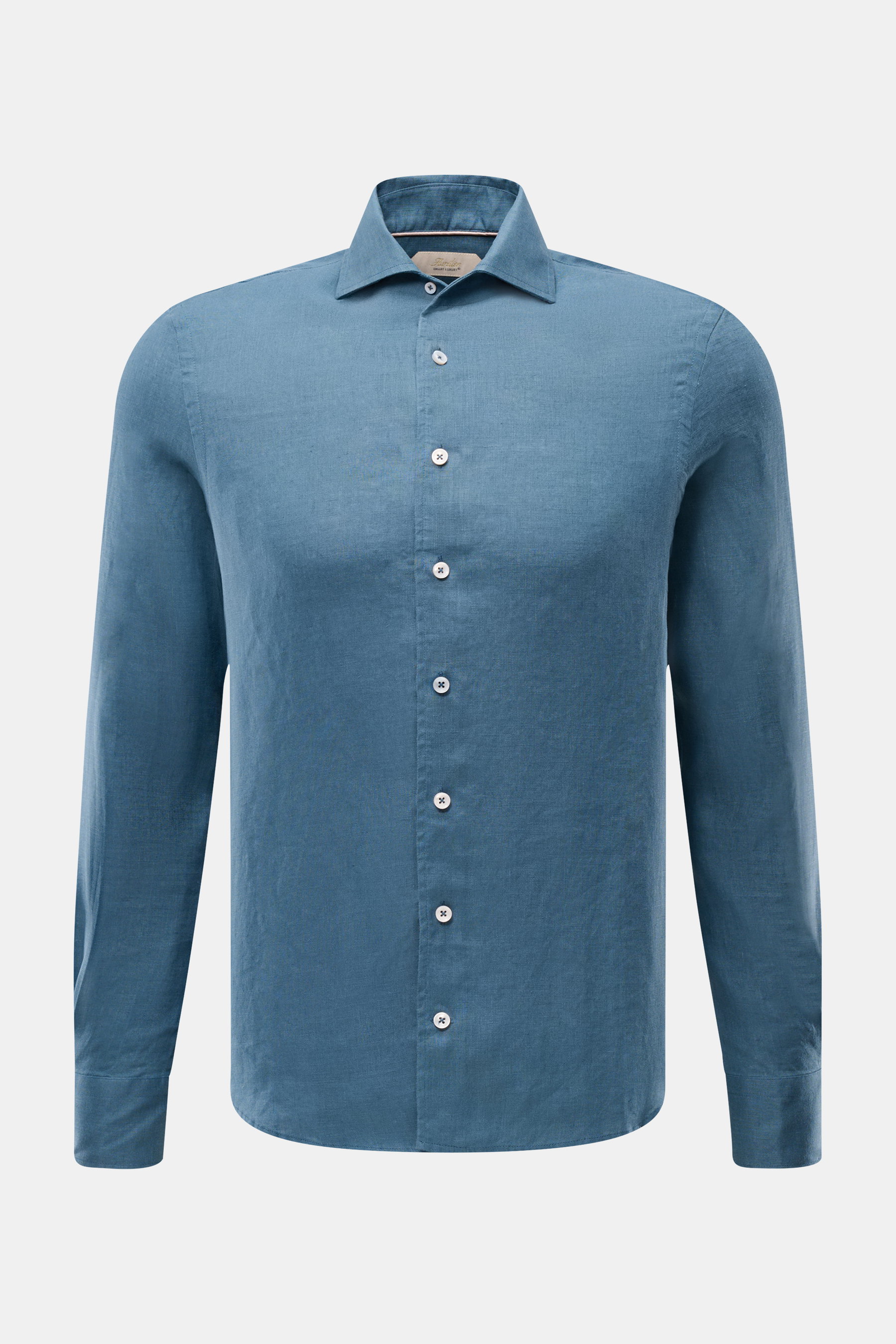 Aurélien Leinenhemd Haifisch-Kragen graublau, slim fit, reines Leinen, weicher Griff, Haifisch-Kragen, französische Knopfleiste, Sportmanschette, Taillenabnäher, gerundeter Saum, frontal fotografiert.