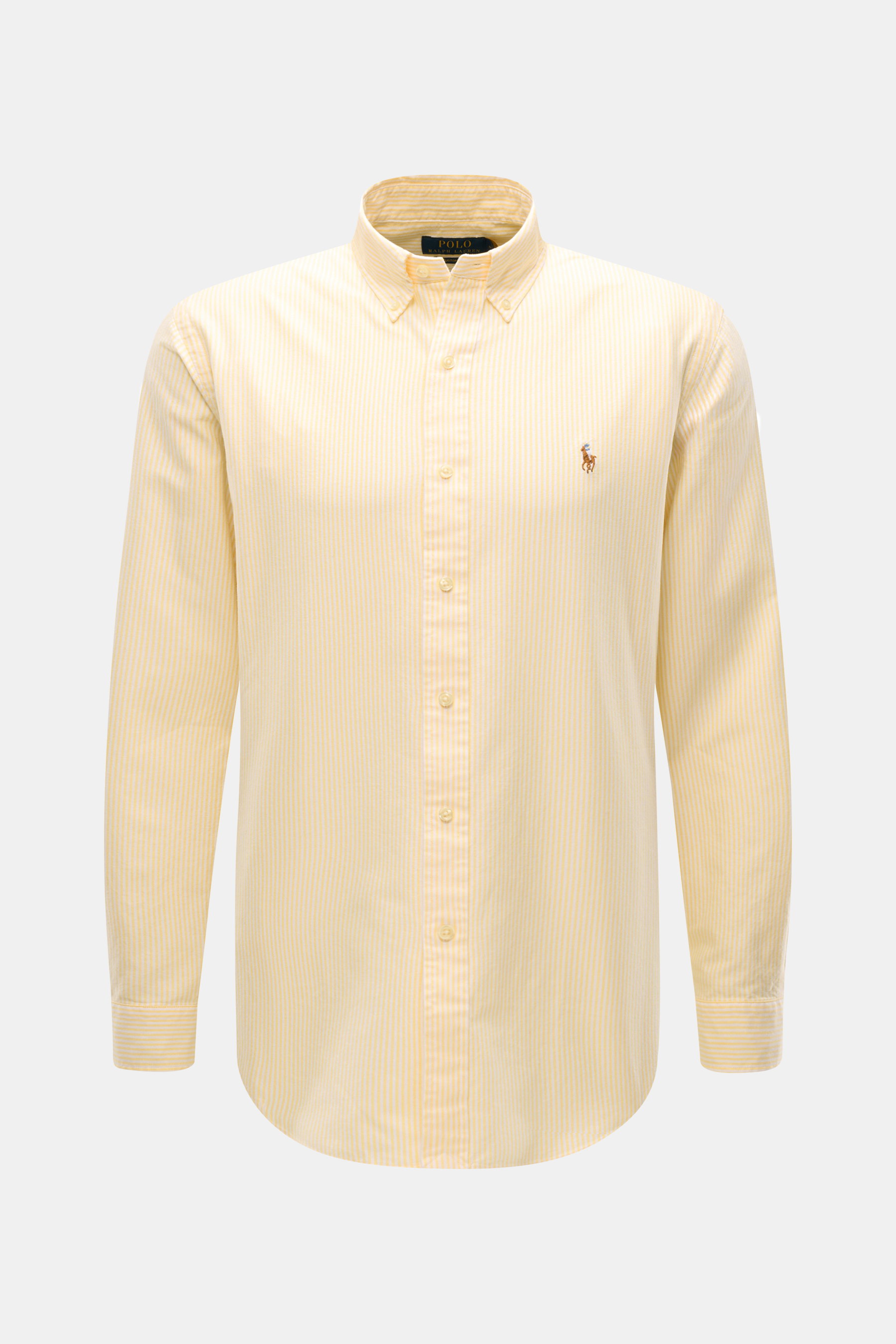 Polo Ralph Lauren Oxford-Hemd Button-Down-Kragen gelb/weiß gestreift, sportlich, Baumwolle, Frontansicht, Polospieler-Stitching auf der Brust.