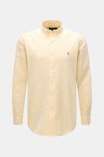 Polo Ralph Lauren Oxford-Hemd Button-Down-Kragen gelb/weiß gestreift, sportlich, Baumwolle, Frontansicht, Polospieler-Stitching auf der Brust.
