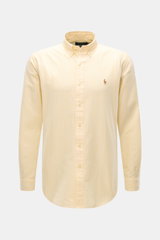 Polo Ralph Lauren Oxford-Hemd Button-Down-Kragen gelb/weiß gestreift, sportlich, Baumwolle, Frontansicht, Polospieler-Stitching auf der Brust.