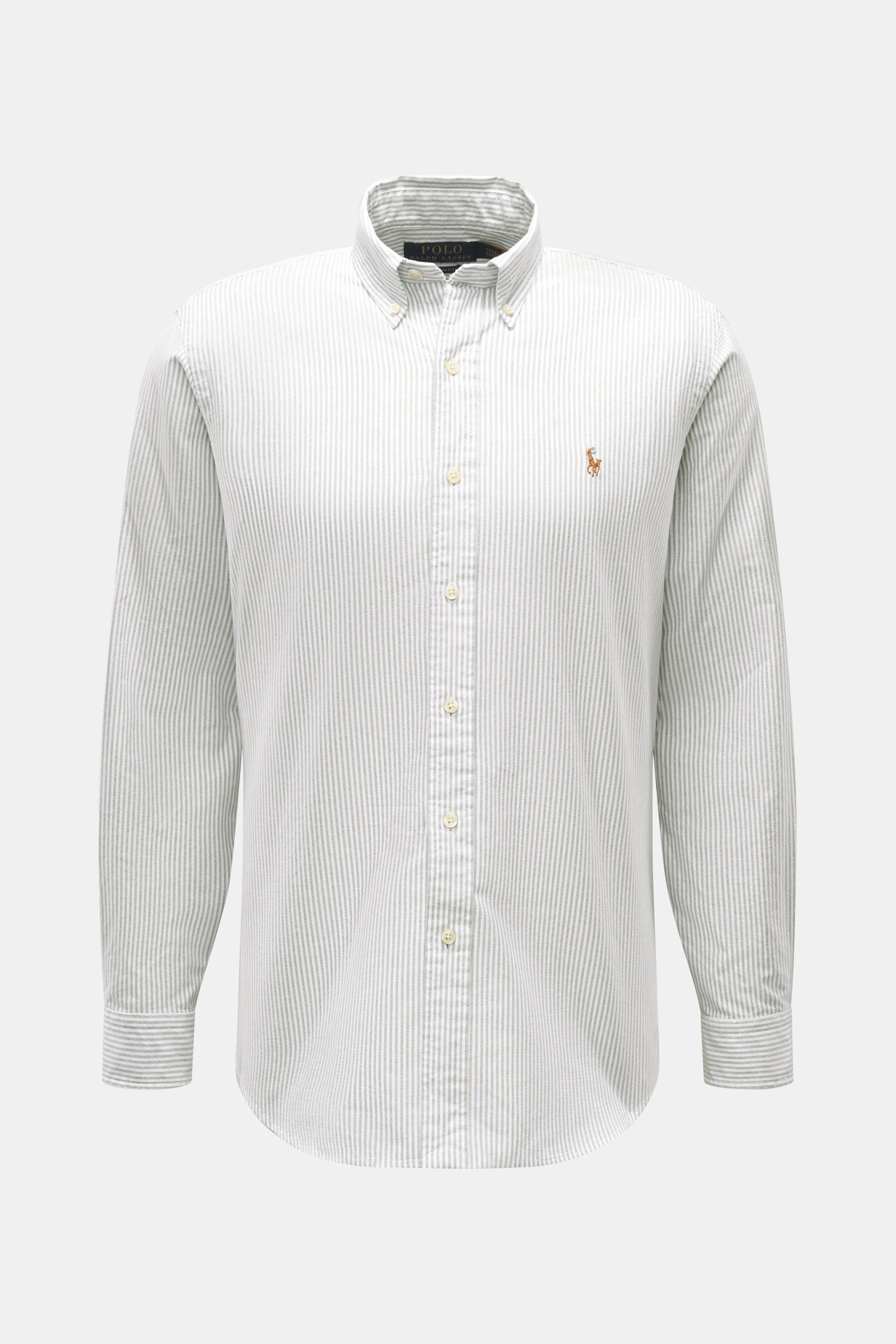 Polo Ralph Lauren Oxford-Hemd Button-Down-Kragen dunkelgrün/weiß gestreift, sportliches Baumwollhemd mit Polospieler-Stitching, Frontansicht.