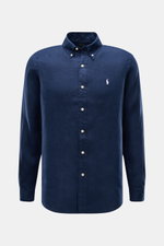 Dunkelblaues Polo Ralph Lauren Leinenhemd Button-Down-Kragen türkis, Slim Fit, Frontansicht, reine Leinenqualität, Knopfleiste, Polo-Stitching.