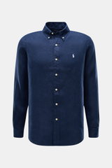 Dunkelblaues Polo Ralph Lauren Leinenhemd Button-Down-Kragen türkis, Slim Fit, Frontansicht, reine Leinenqualität, Knopfleiste, Polo-Stitching.