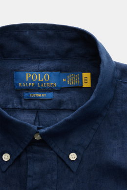 Polo Ralph Lauren Leinenhemd Button-Down-Kragen türkis, Detailansicht von oben, reines Leinen, leichte Qualität, Slim Fit, Polo-Stitching, Sportmanschette.