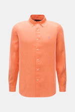 Polo Ralph Lauren Leinenhemd Button-Down-Kragen orange, frontale Ansicht, reines Leinen, Slim Fit, leichte, luftige Qualität, typische Struktur, Knopfleiste, Polo-Stitching.