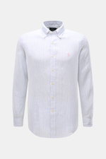 Front view of Polo Ralph Lauren Linen shirt button-down collar white/light blue striped, minimalist slim fit with button-down collar and signature logo stitching. A summer classic from POLO RALPH LAUREN: This minimalist slim fit shirt in the finest linen 