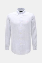 Front view of Polo Ralph Lauren Linen shirt button-down collar white/light blue striped, minimalist slim fit with button-down collar and signature logo stitching. A summer classic from POLO RALPH LAUREN: This minimalist slim fit shirt in the finest linen 