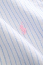 Close-up front view of Polo Ralph Lauren Linen shirt button-down collar white/light blue striped showing fine linen fabric and pink logo stitching.

Description: <p>A summer classic from POLO RALPH LAUREN: This minimalist slim fit shirt in the finest line