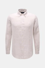 Polo Ralph Lauren Leinenhemd Button-Down-Kragen beige/weiß gestreift, Slim Fit, weiche Leinwandbindung, Frontansicht, Logo-Stitching, gerundeter Saum