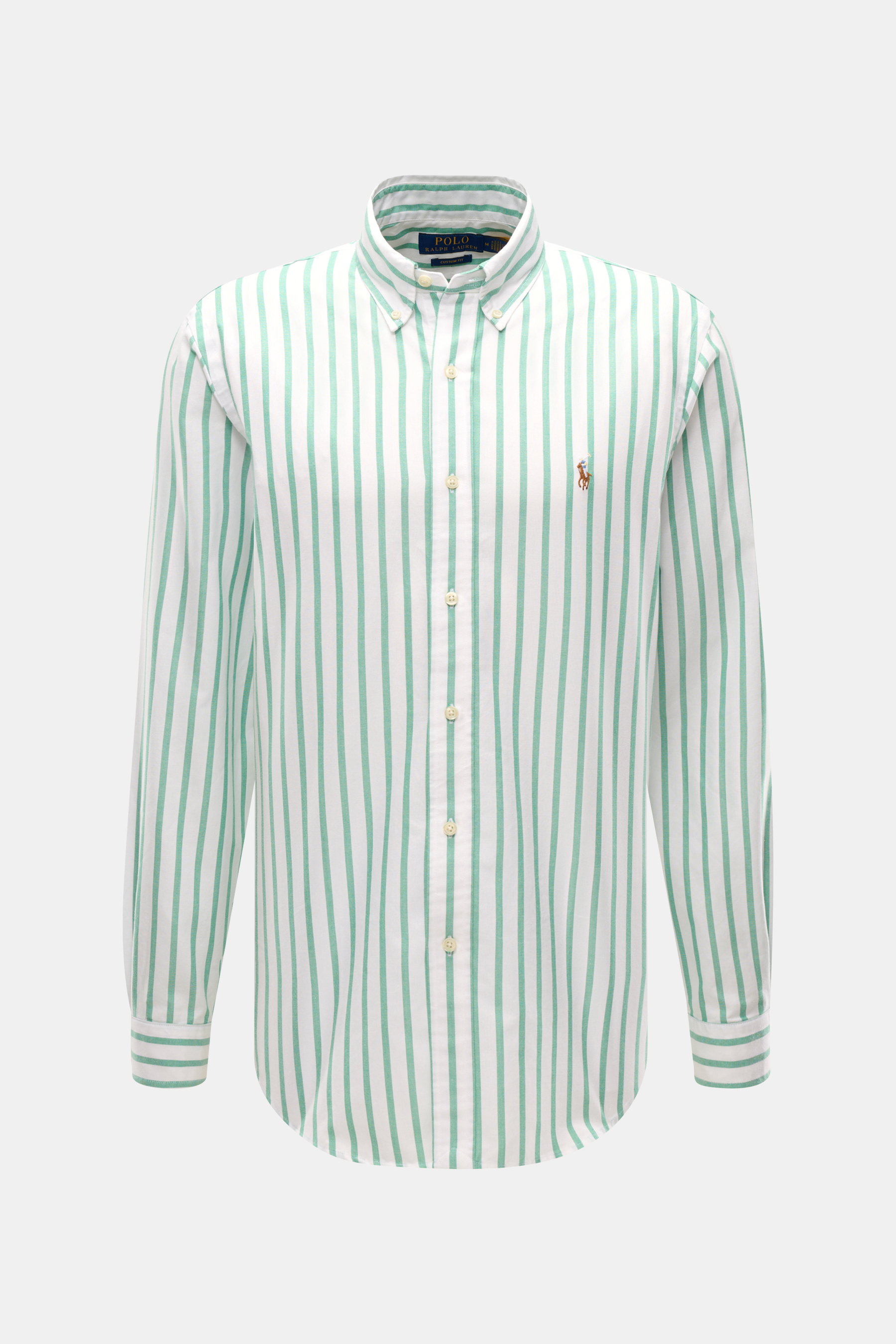 Polo Ralph Lauren Casual Hemd Button-Down-Kragen grün/weiß gestreift, Slim Fit, weiche Baumwolle, Rückenpasse mit Quetschfalte, Frontansicht.