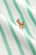 Nahaufnahme des Polo Ralph Lauren Casual Hemd Button-Down-Kragen grün/weiß gestreift mit feiner Baumwollstruktur und Logo-Stickerei.