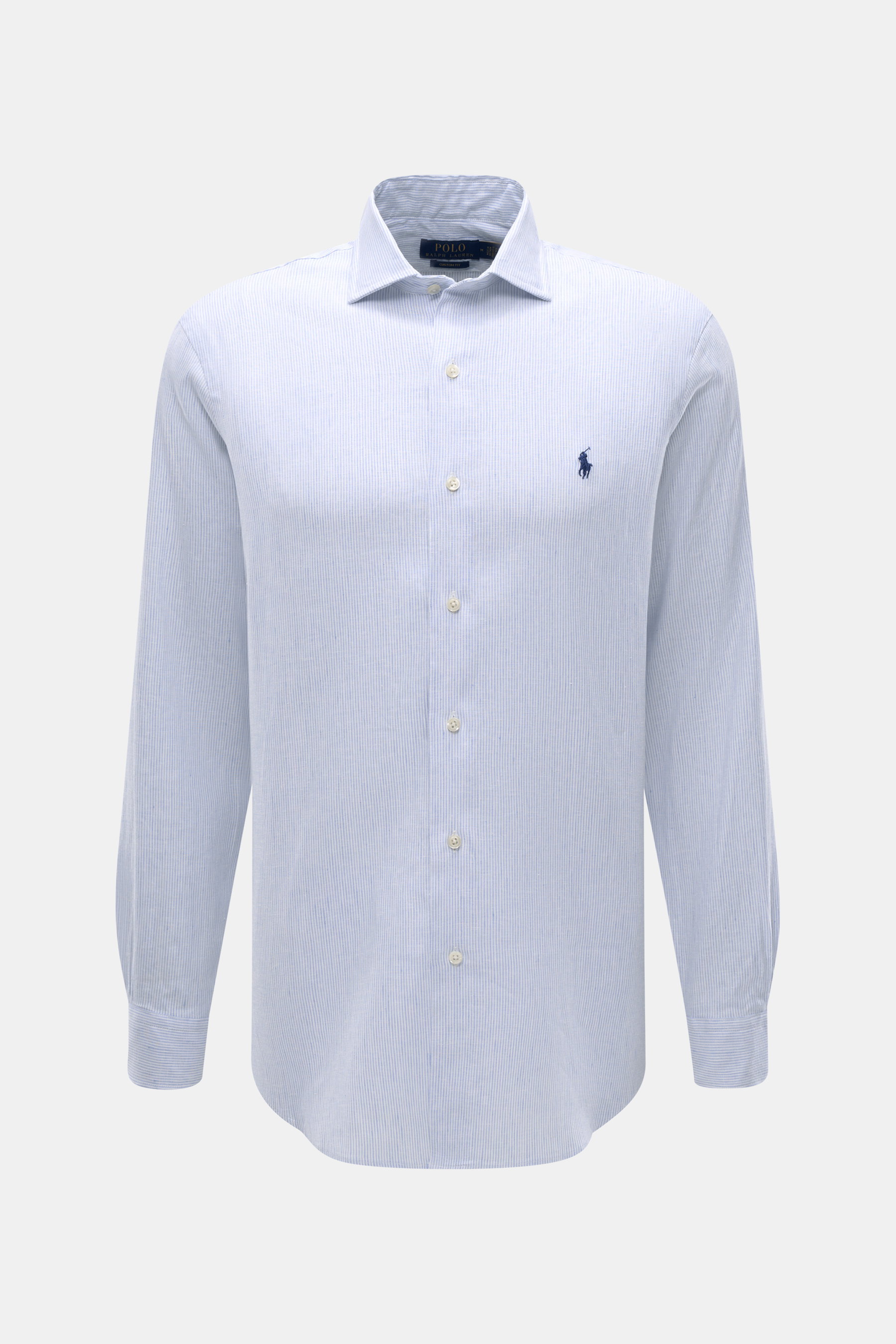 Polo Ralph Lauren Oxford-Hemd Haifisch-Kragen hellblau/weiß gestreift, frontale Nahaufnahme, Leinen-Baumwollmix, Slim Fit, Haifisch-Kragen, weicher Griff, klassisches Streifenmuster.