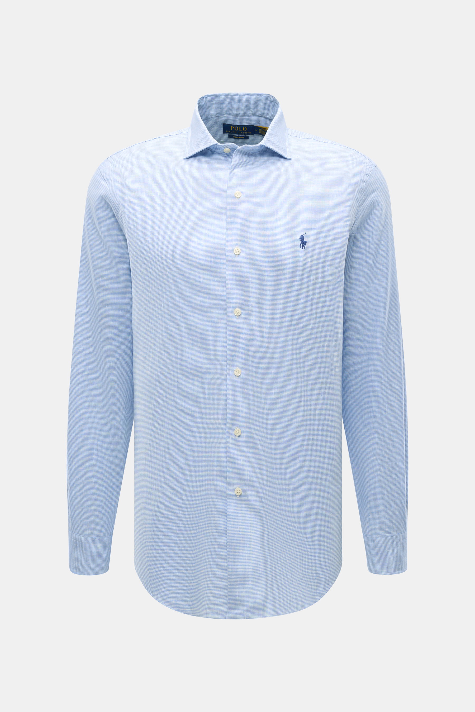 Vorderansicht des Polo Ralph Lauren Oxford-Hemd Haifisch-Kragen hellblau/weiß kariert aus Leinen und Baumwolle mit Slim Fit, elastischer Qualität, weichem Griff, klassischem Karomuster, französischer Knopfleiste, Sportmanschette, gerundetem Saum und Polos